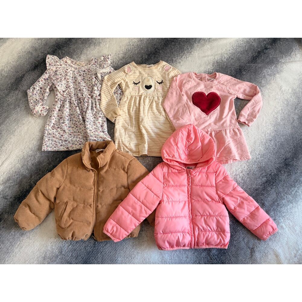 5 PC Bundle Size 3T Toddler Girl Fall Winter Sweater Dress Puffer Jacket Pink